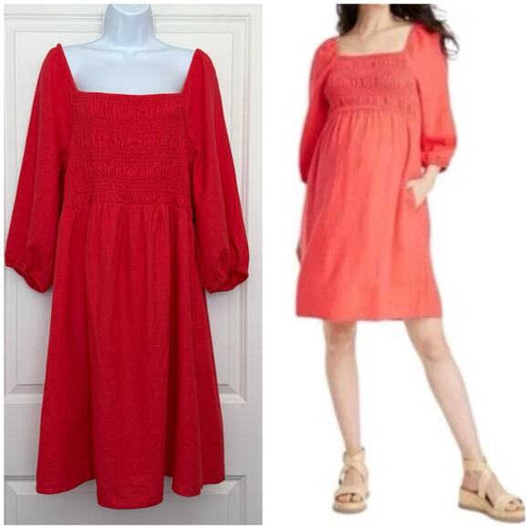 Ingrid + Isabel NWT Maternity XL Dress Pink Linen Rouching 3/4 Sleeve Pockets - Picture 1 of 10